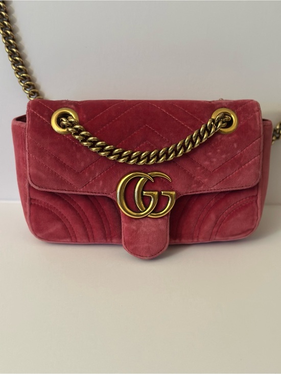 Gucci Handbags - Gucci Pink Velvet GG Marmont small Shoulder Bag with Gold Hardware